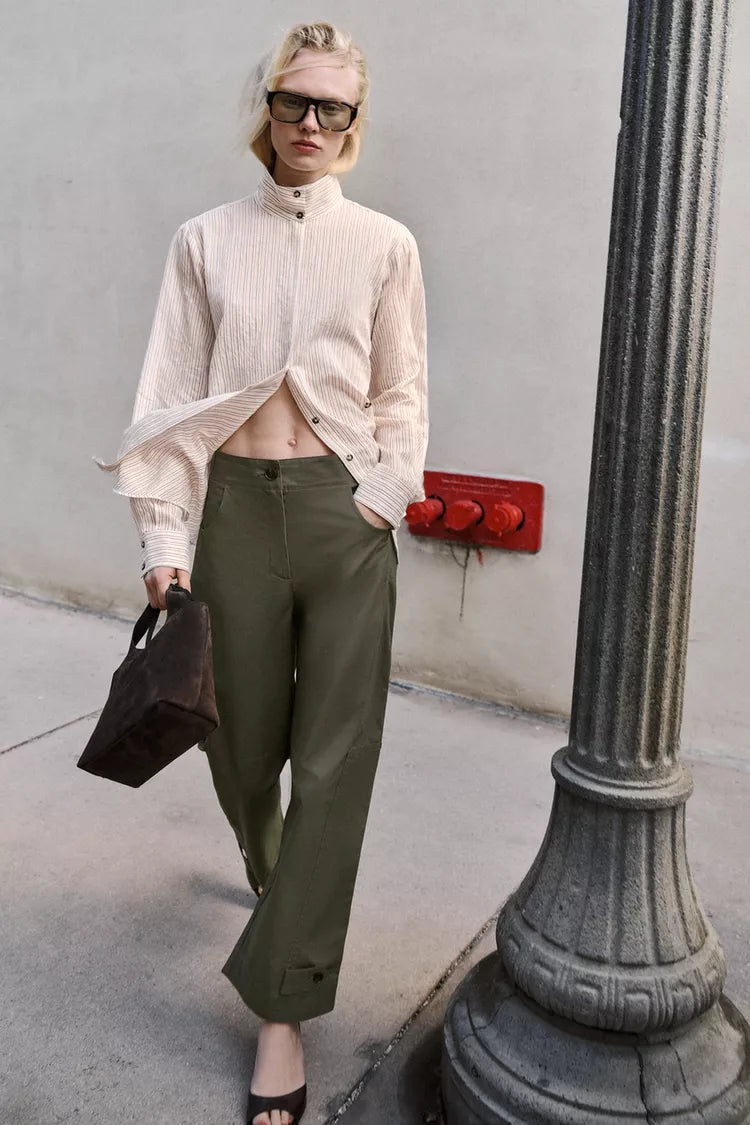 Barrel Trousers With Loops- Dark Khaki