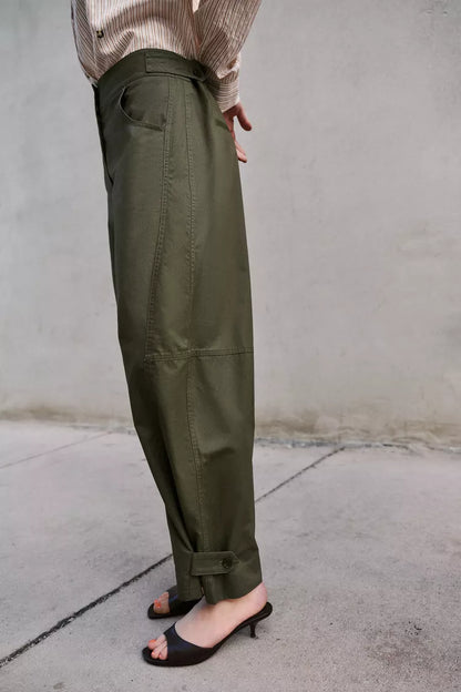 Barrel Trousers With Loops- Dark Khaki