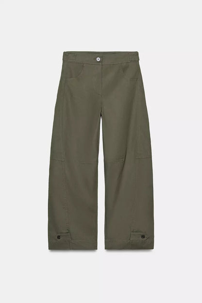 Barrel Trousers With Loops- Dark Khaki