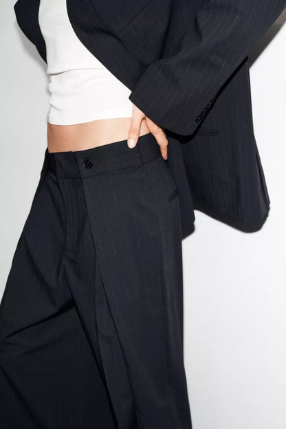 Pinstripe Pleated Pants- Navy with White Stripe