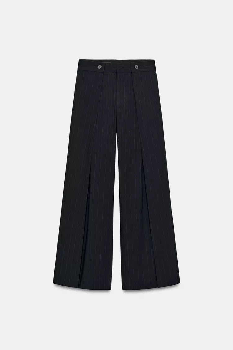 Pinstripe Pleated Pants- Navy with White Stripe