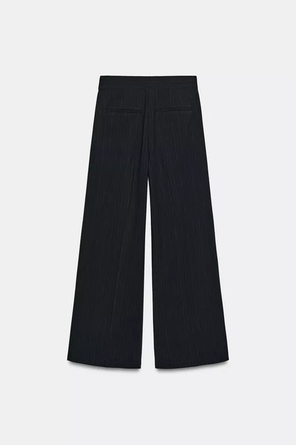 Pinstripe Pleated Pants- Navy with White Stripe