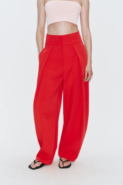 Balloon Pleated  Trousers- Red