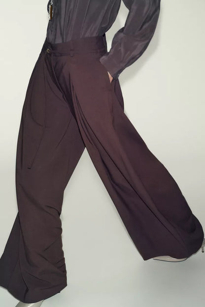 Wide Leg Trousers with Thin Belt - Brown