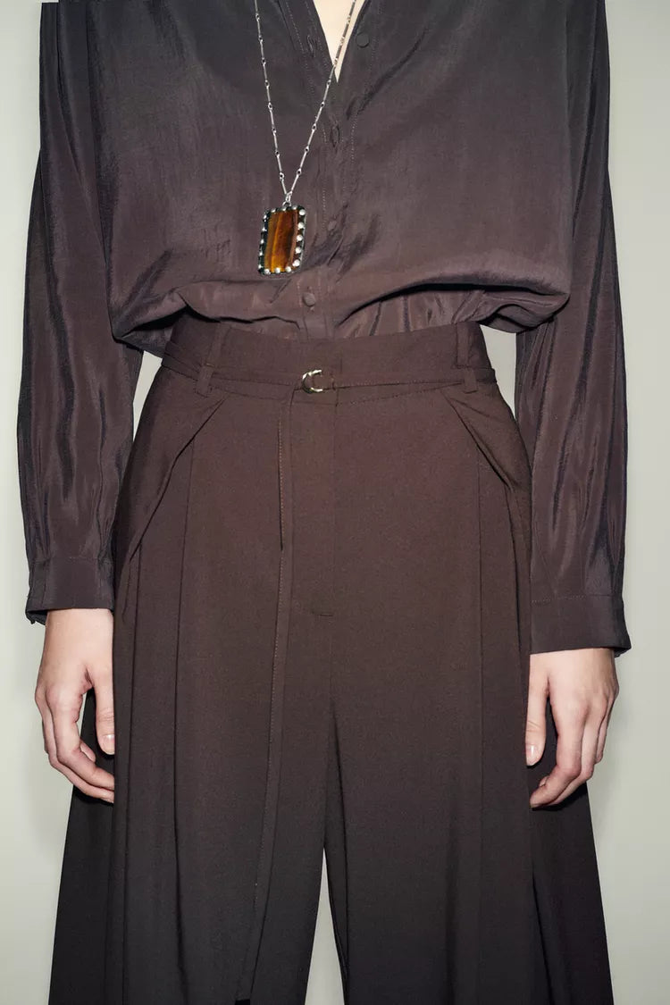 Wide Leg Trousers with Thin Belt - Brown