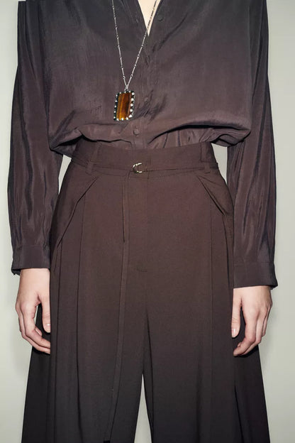 Wide Leg Trousers with Thin Belt - Brown