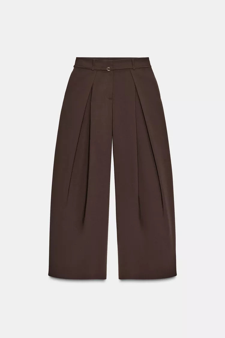 Wide Leg Trousers with Thin Belt - Brown