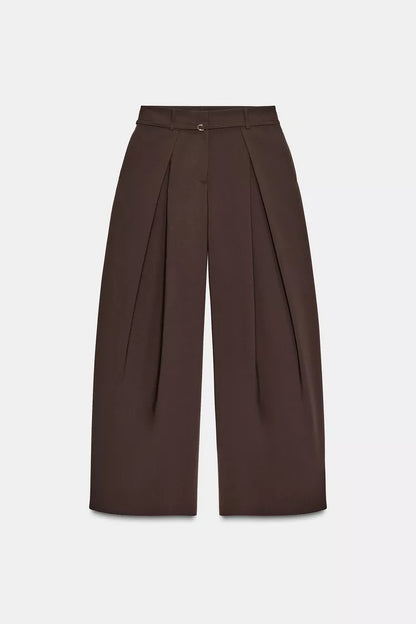Wide Leg Trousers with Thin Belt - Brown