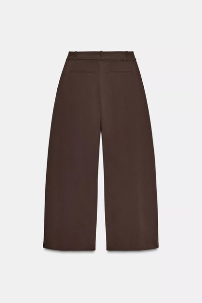 Wide Leg Trousers with Thin Belt - Brown