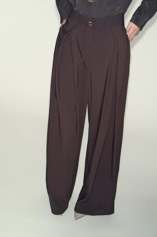 Wide Leg Trousers with Thin Belt - Brown