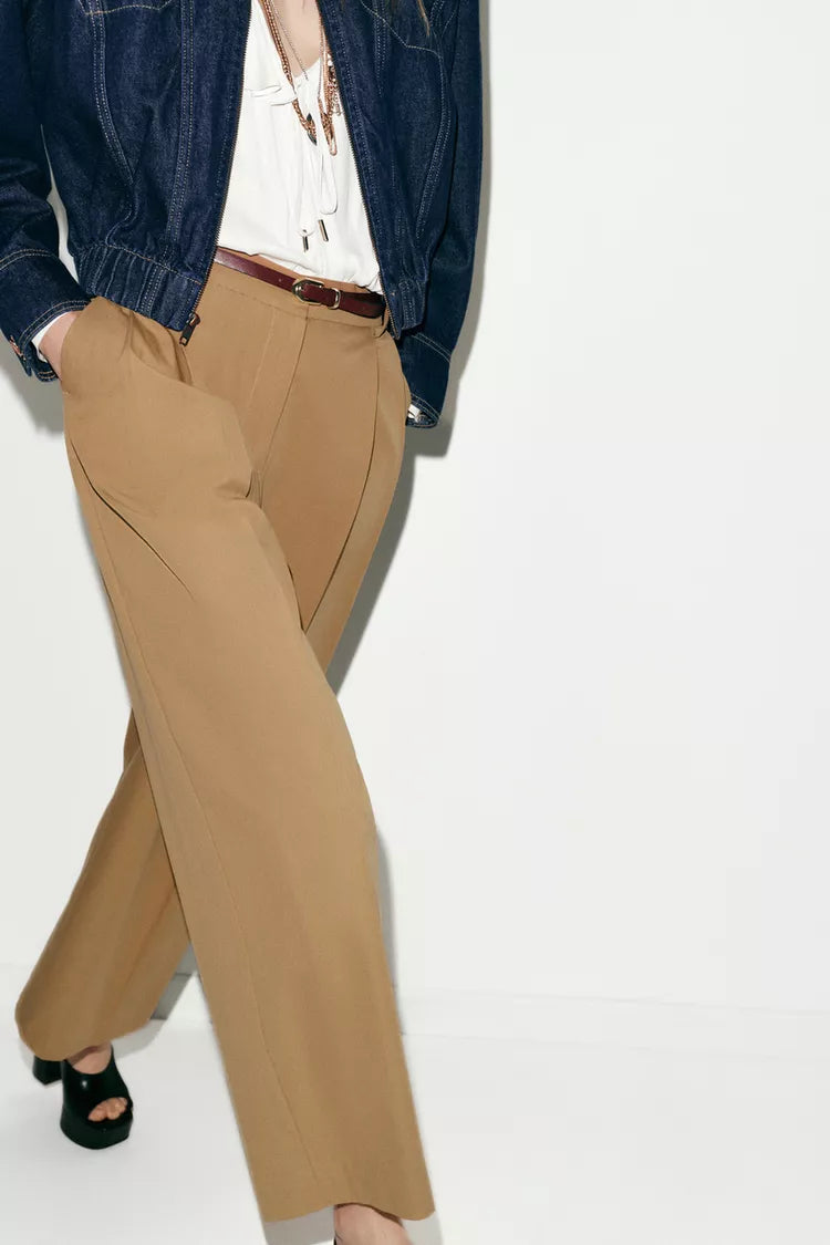 Pleated Trousers with Belt -Tan