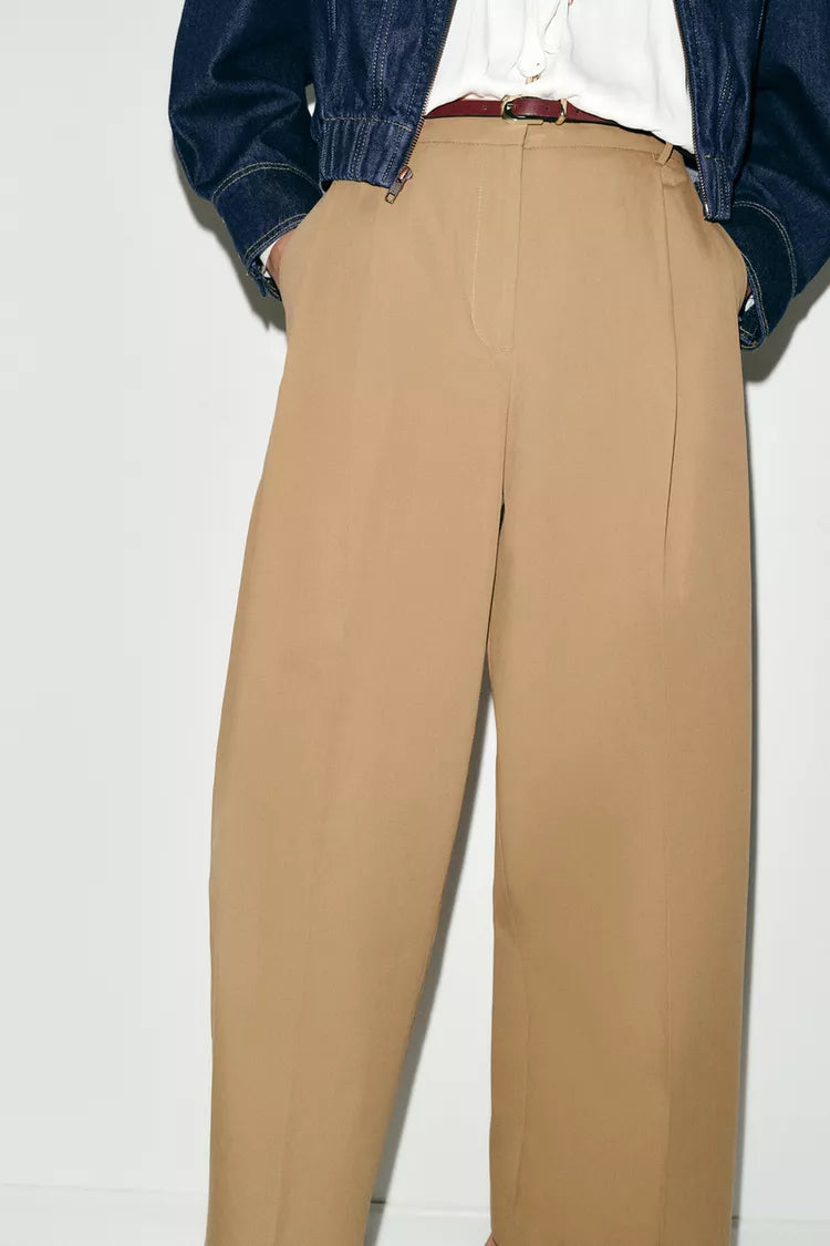 Pleated Trousers with Belt -Tan