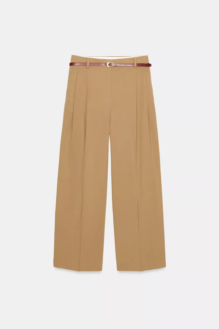 Pleated Trousers with Belt -Tan