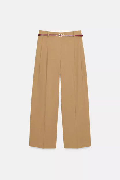Pleated Trousers with Belt -Tan