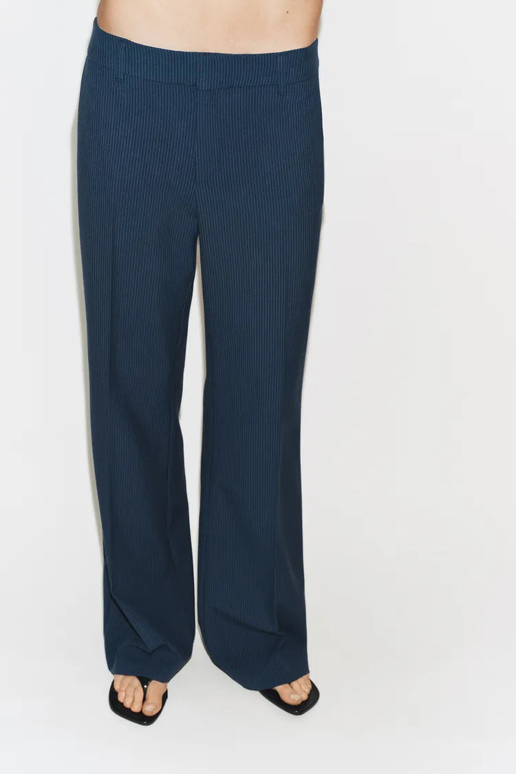 Straight Leg Low Rise Pinstripe Trousers- Blue