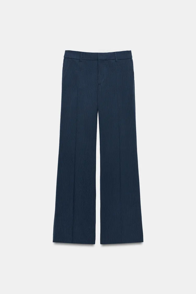 Straight Leg Low Rise Pinstripe Trousers- Blue