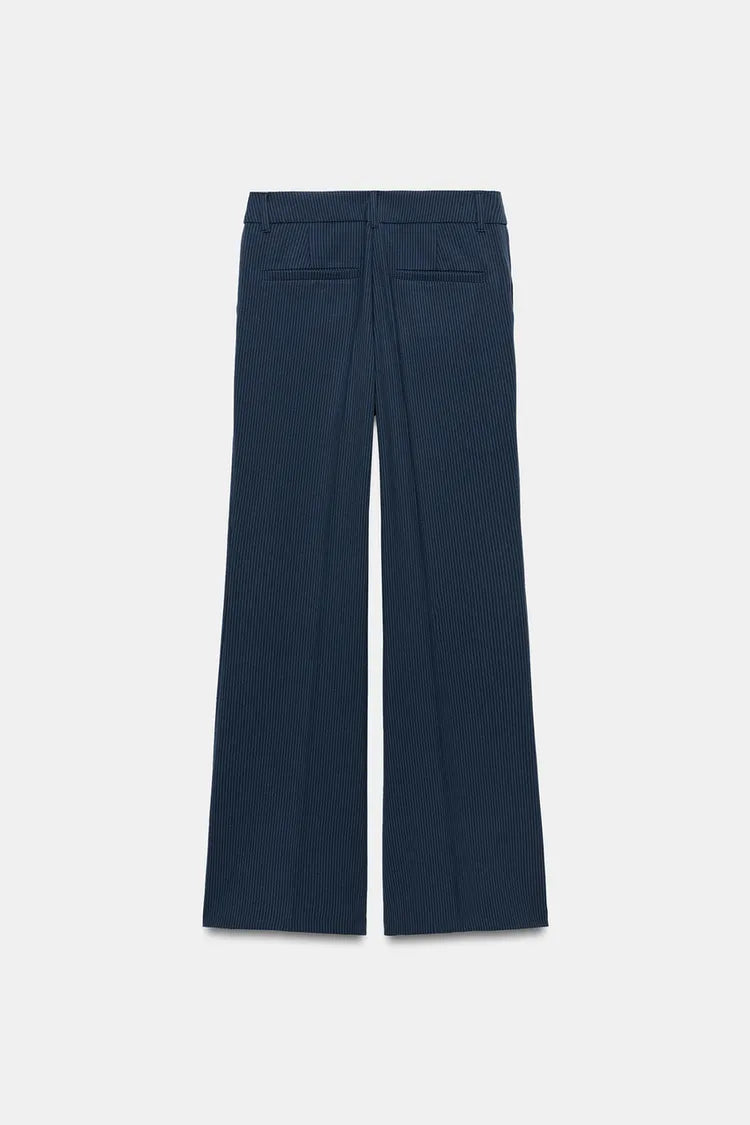 Straight Leg Low Rise Pinstripe Trousers- Blue