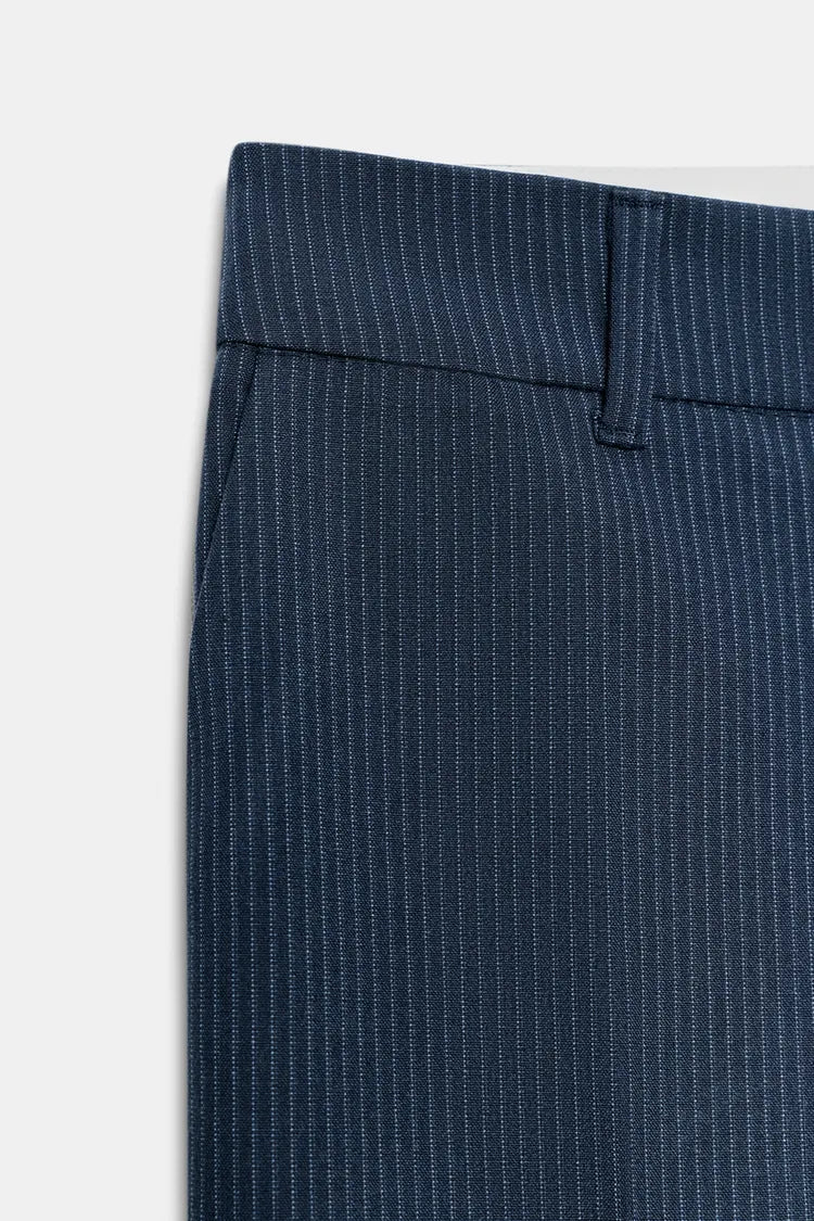 Straight Leg Low Rise Pinstripe Trousers- Blue