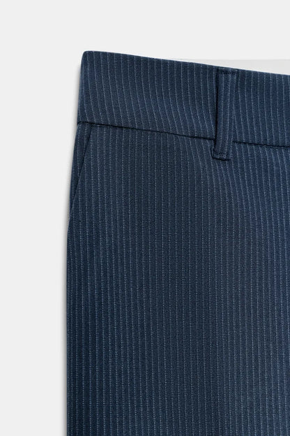 Straight Leg Low Rise Pinstripe Trousers- Blue