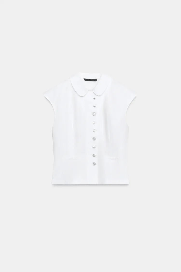 Trench Coat Style Top With Button - White