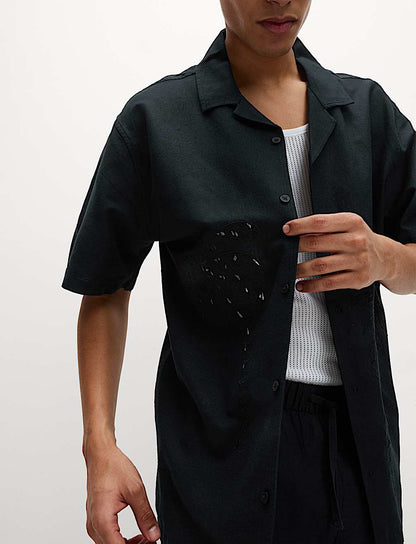 Cotton Blend Embroidered Palm Tree Shirt -Black