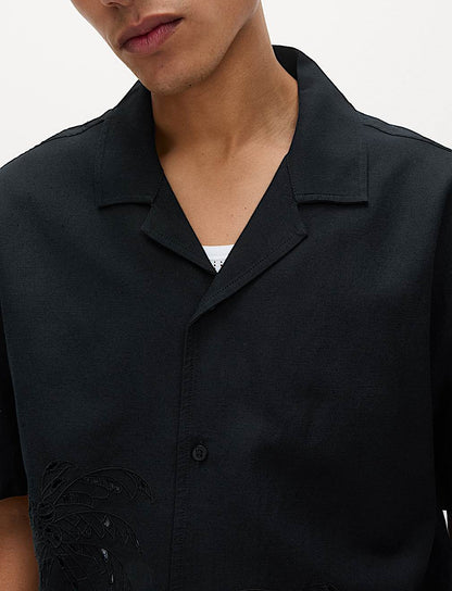 Cotton Blend Embroidered Palm Tree Shirt -Black