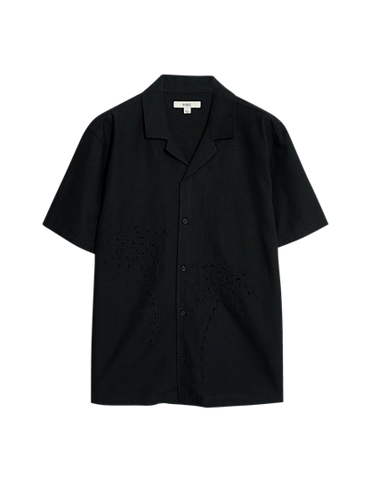 Cotton Blend Embroidered Palm Tree Shirt -Black