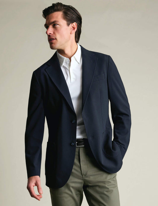 Slim Fit Seersucker Single Breasted Jacket- Navy