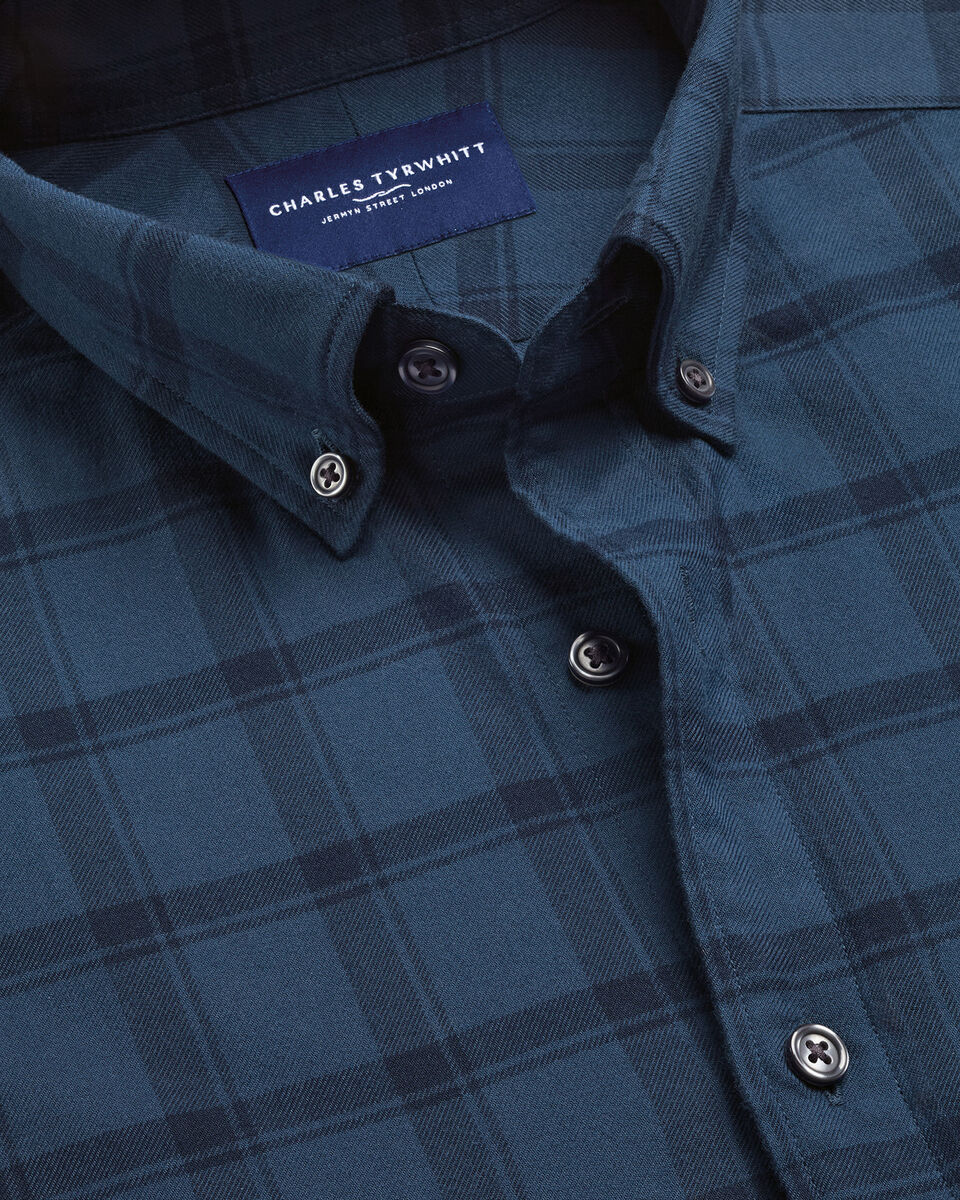 Button Down Brushed Flannel Check Classic Fit Shirt - Petrol Blue
