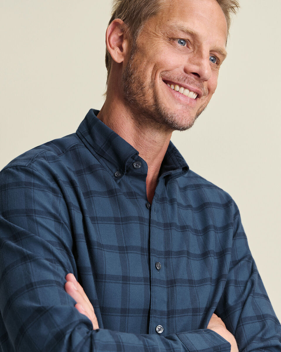 Button Down Brushed Flannel Check Classic Fit Shirt - Petrol Blue