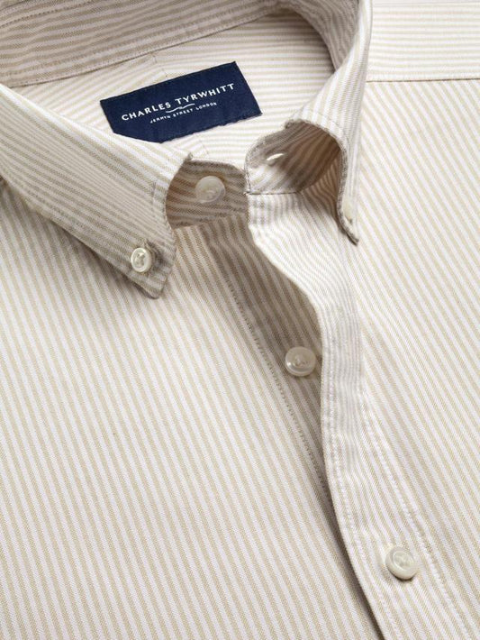 Button-Down Stretch Washed Oxford Stripe Classic Fit Shirt - Stone