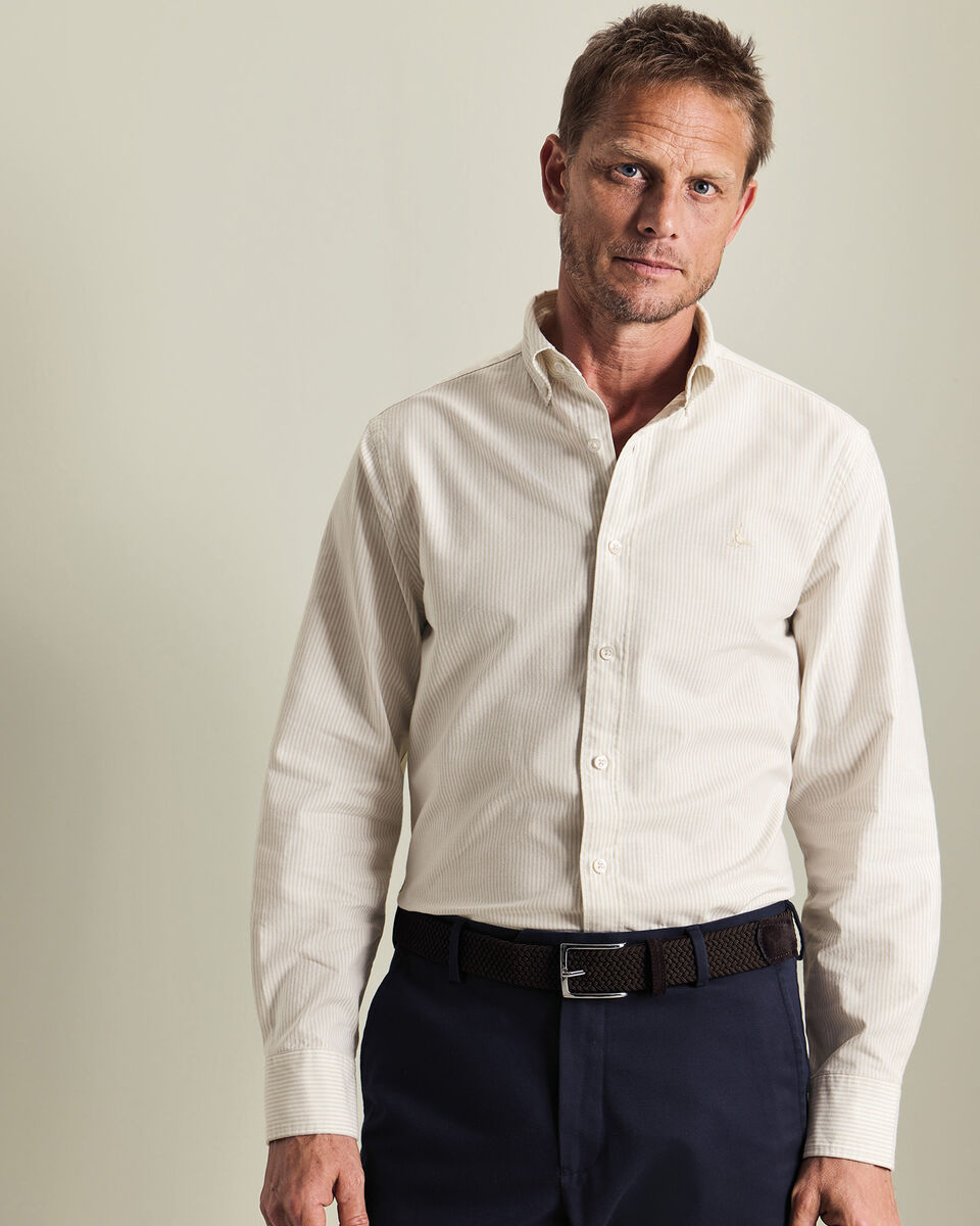 Button-Down Stretch Washed Oxford Stripe Classic Fit Shirt - Stone