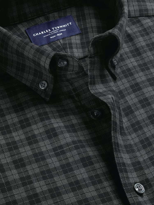 Brushed Cotton Twill Check Slim Fit Shirt - Grey & Black