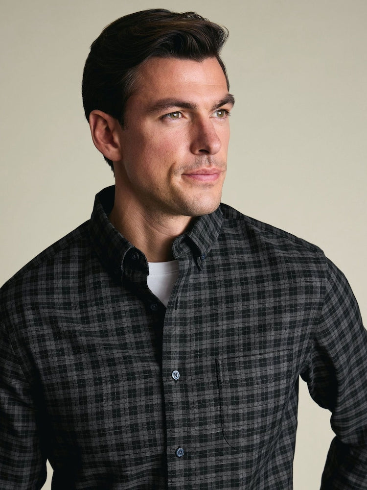 Brushed Cotton Twill Check Slim Fit Shirt - Grey & Black