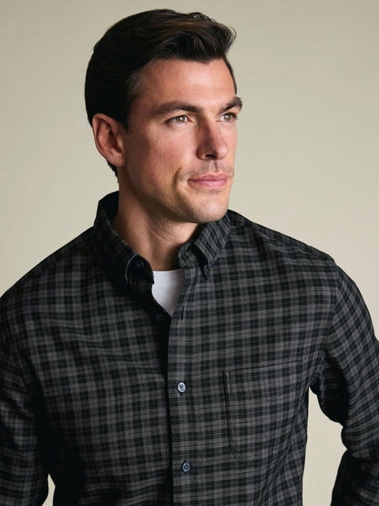 Brushed Cotton Twill Check Slim Fit Shirt - Grey & Black