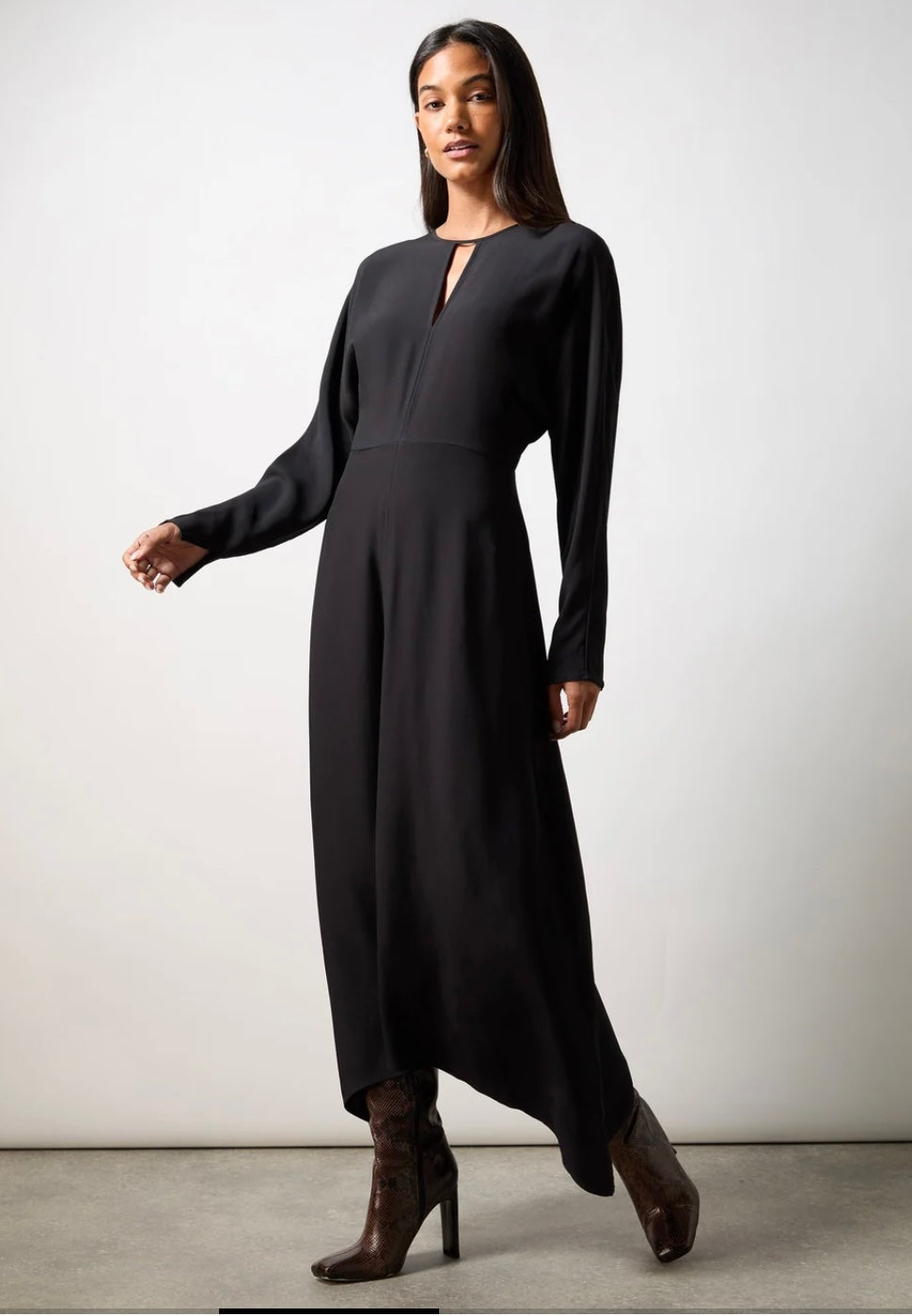 Petite Black Crepe Keyhole Midi Dress