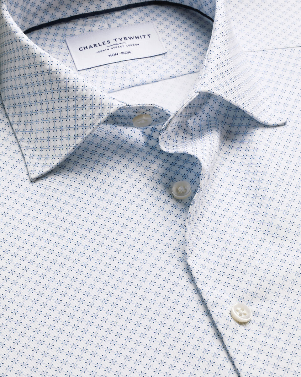 Non-Iron Stretch Print Extra Slim Fit Shirt - White & Light Blue