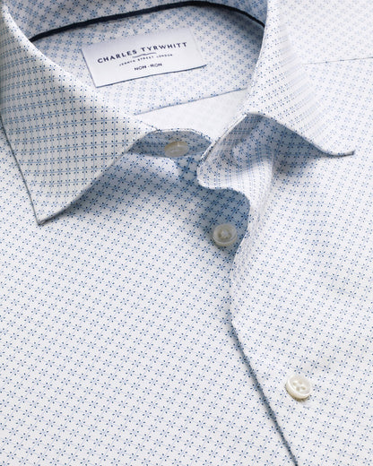 Non-Iron Stretch Print Extra Slim Fit Shirt - White & Light Blue