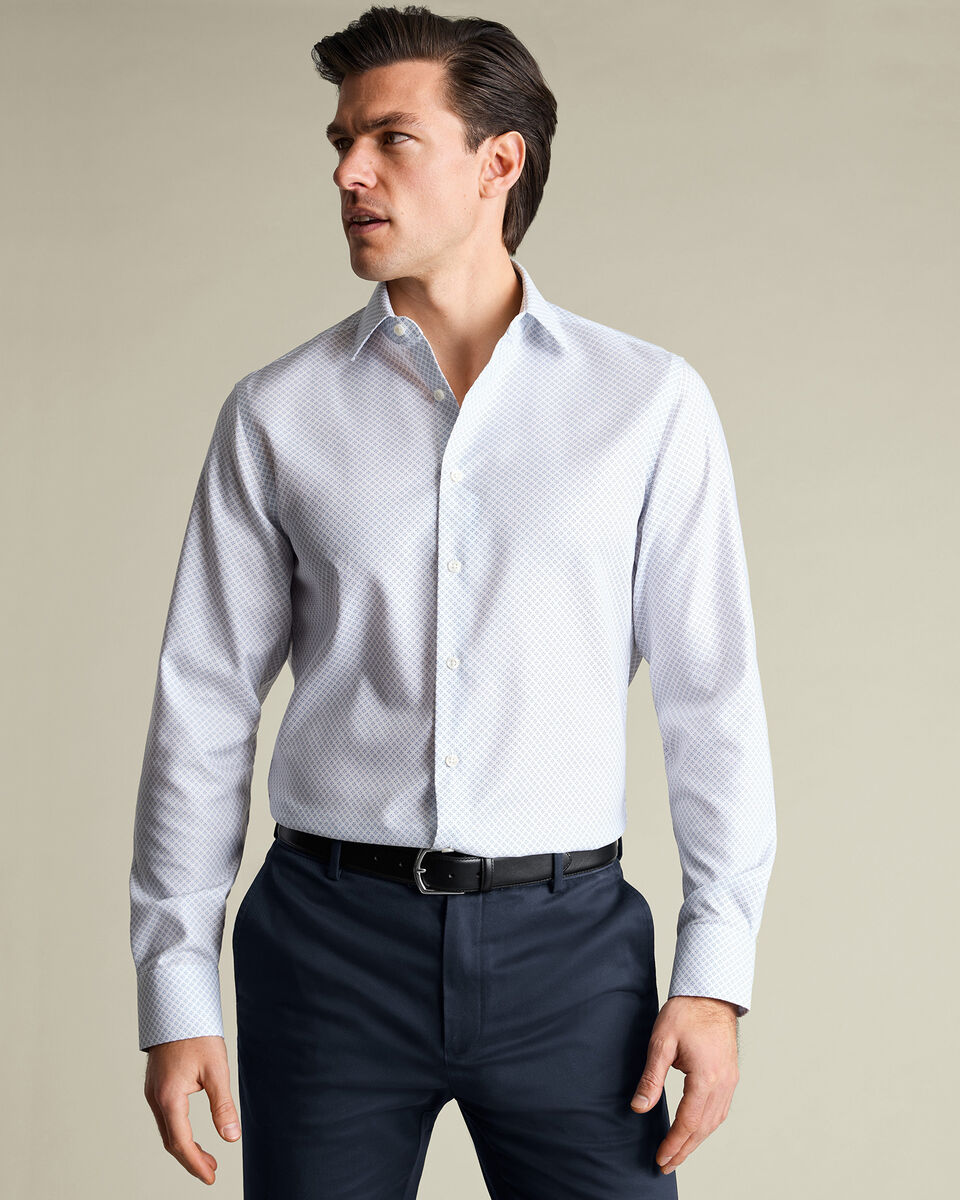 Non-Iron Stretch Print Extra Slim Fit Shirt - White & Light Blue