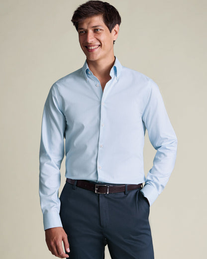 Button-Down Collar Non-Iron Stretch Pinpoint Oxford Classic Fit Prince of Wales Check Shirt - Blue