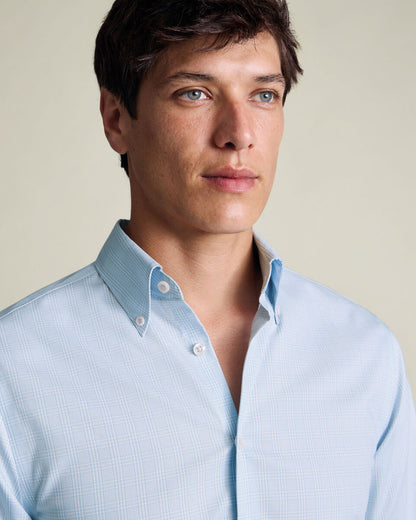 Button-Down Collar Non-Iron Stretch Pinpoint Oxford Classic Fit Prince of Wales Check Shirt - Blue