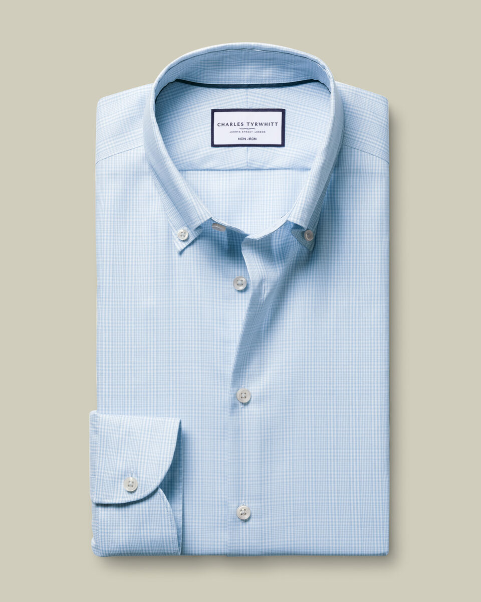 Button-Down Collar Non-Iron Stretch Pinpoint Oxford Classic Fit Prince of Wales Check Shirt - Blue