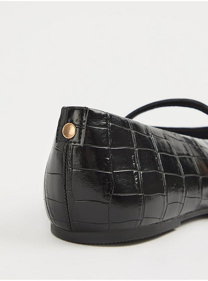 Black Croc Leather Look Mary Jane Ballet Flats