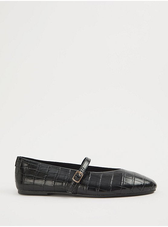 Black Croc Leather Look Mary Jane Ballet Flats