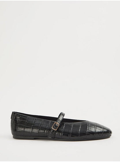 Black Croc Leather Look Mary Jane Ballet Flats
