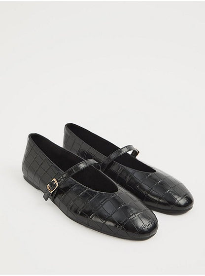 Black Croc Leather Look Mary Jane Ballet Flats