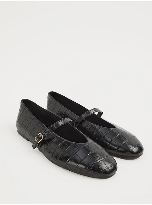 Black Croc Leather Look Mary Jane Ballet Flats