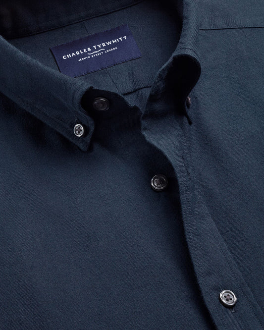 Button-Down Brushed Flannel Classic Fit Shirt - Navy Blue