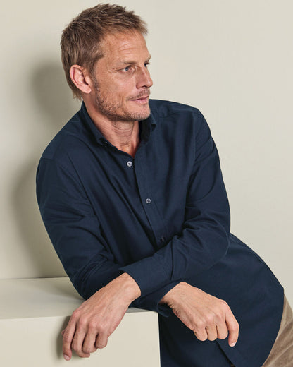Button-Down Brushed Flannel Classic Fit Shirt - Navy Blue