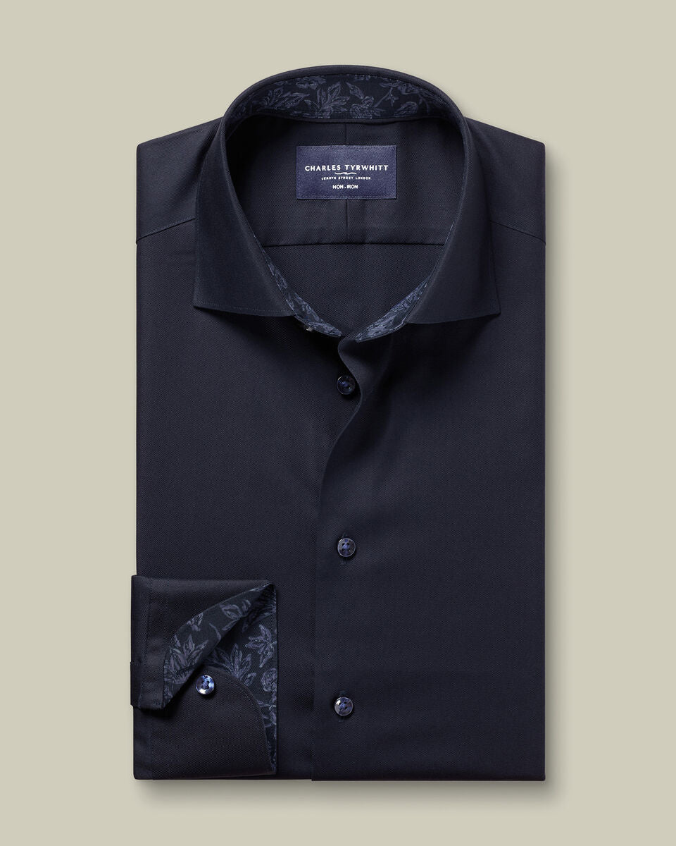 Semi-Cutaway Collar Non-Iron Stretch Floral Printed Trim Slim Fit Shirt - Navy Blue